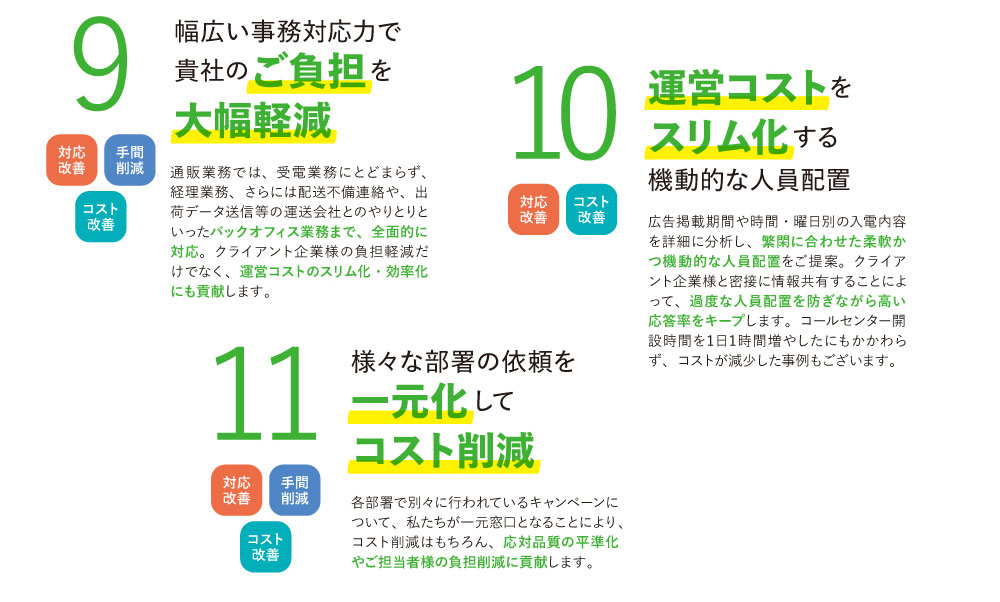 幅広い事務対応力で貴社のご負担を大幅軽減、運営コストをスリム化する機動的な人員配置、様々な部署の依頼を一元化してコスト削減